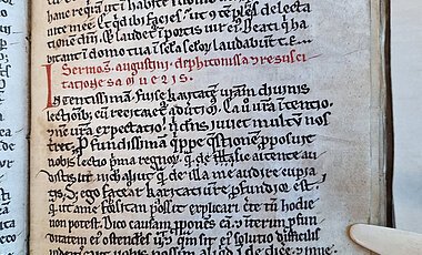 Auszug aus der Handschrift (in rot): „Predigten des Augustinus über die Wahrsagerin und die Erscheinung Samuels.“ Quelle: Pelplin, Diözesanbibliothek, Codex 114 (195), fol. 14r. 